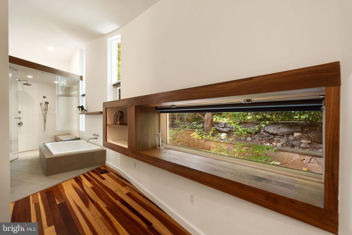 Bathroom, Glass Shower, Interior, Wood Texture Flooring