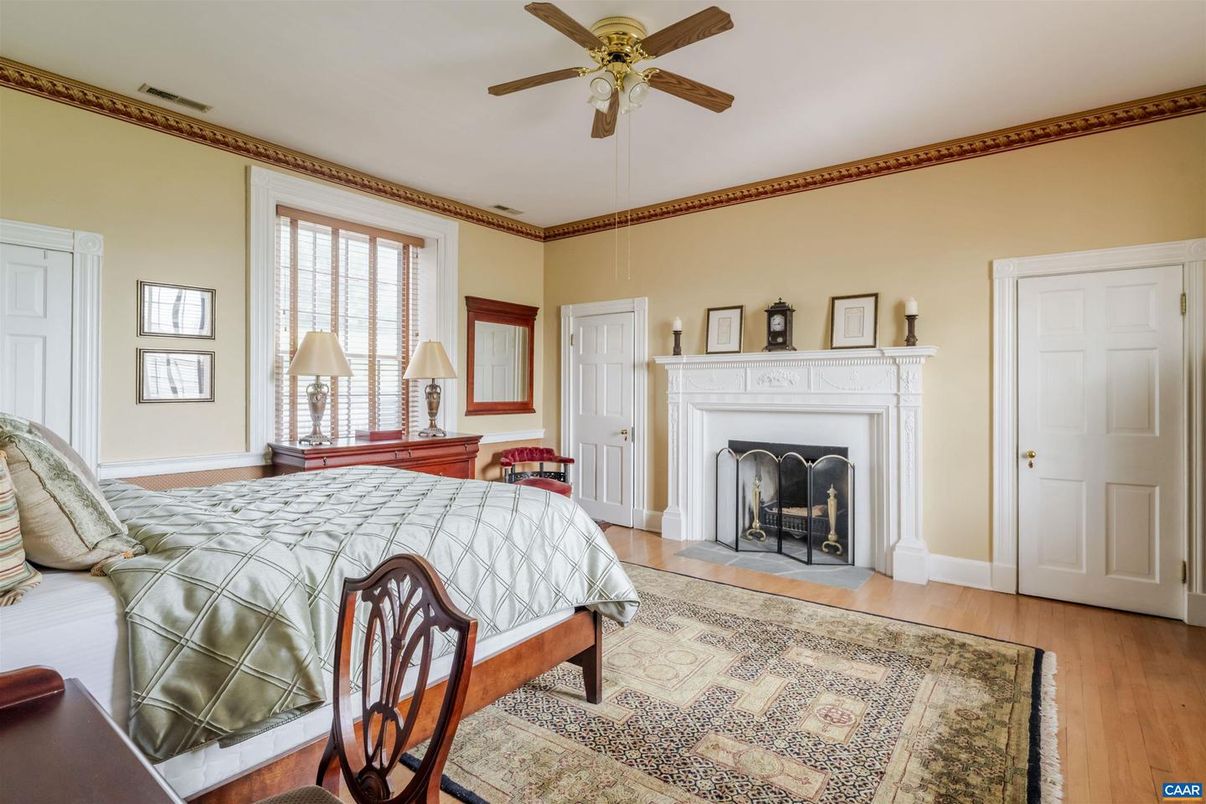 Bedroom, Fireplace, Interior, Wood Texture Flooring