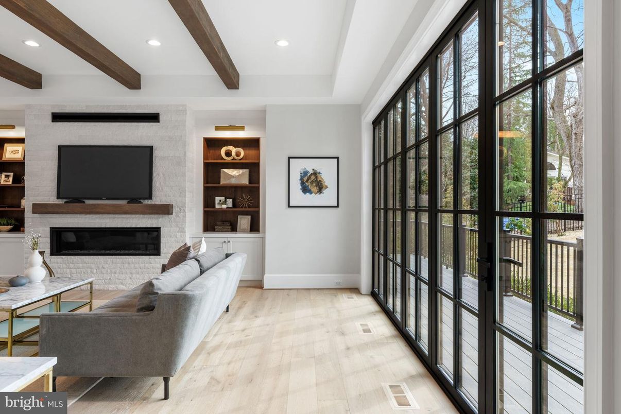 Fireplace, Interior, Living room, Recessed Lighting, Wooden Beams, Wood Texture Flooring