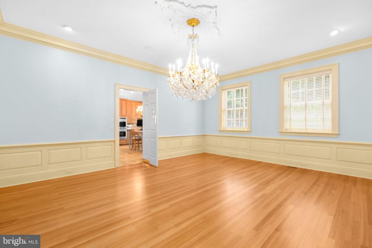 Chandelier, Empty room, Interior, Kitchen, Recessed Lighting, Wood Texture Flooring