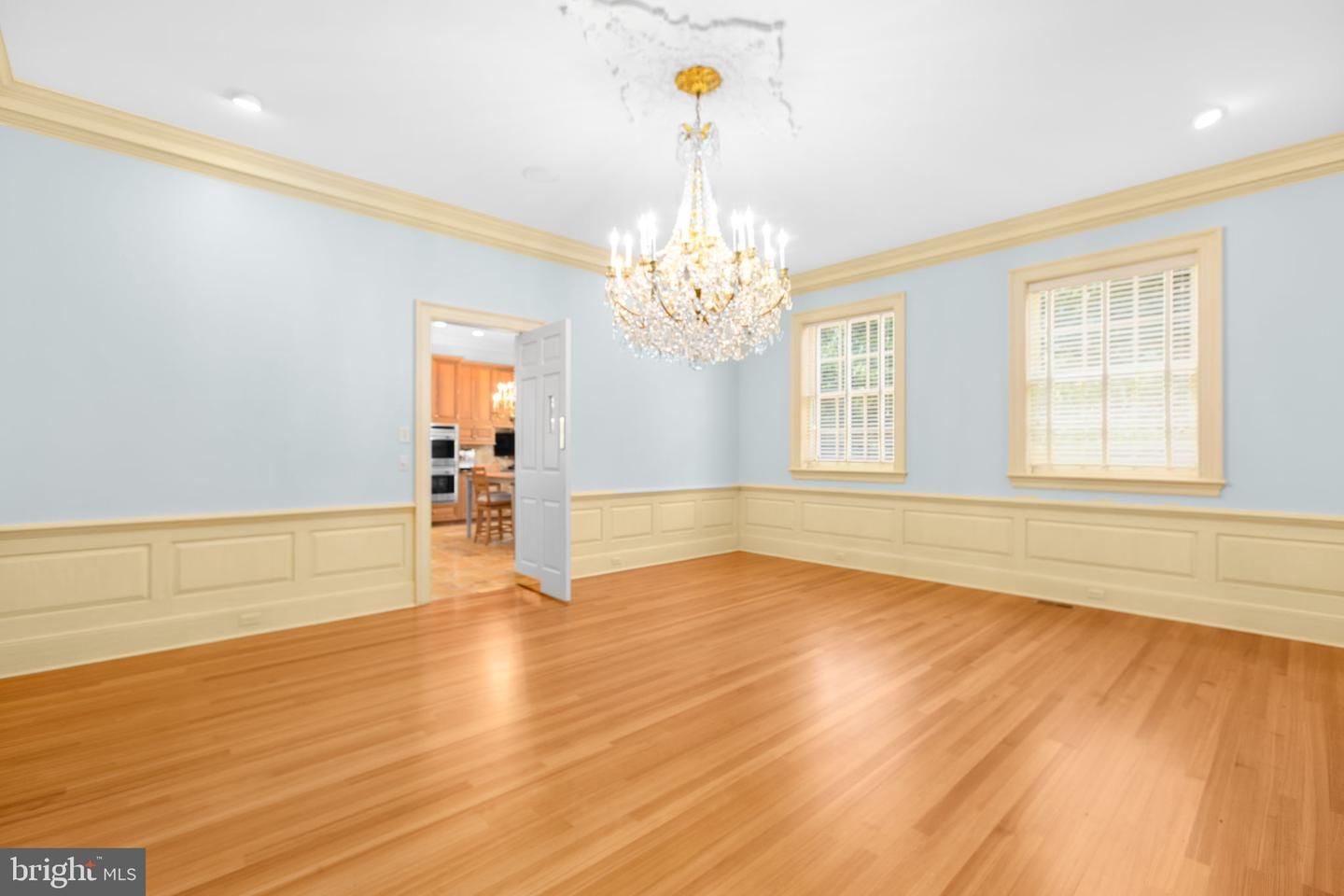 Chandelier, Empty room, Interior, Kitchen, Recessed Lighting, Wood Texture Flooring