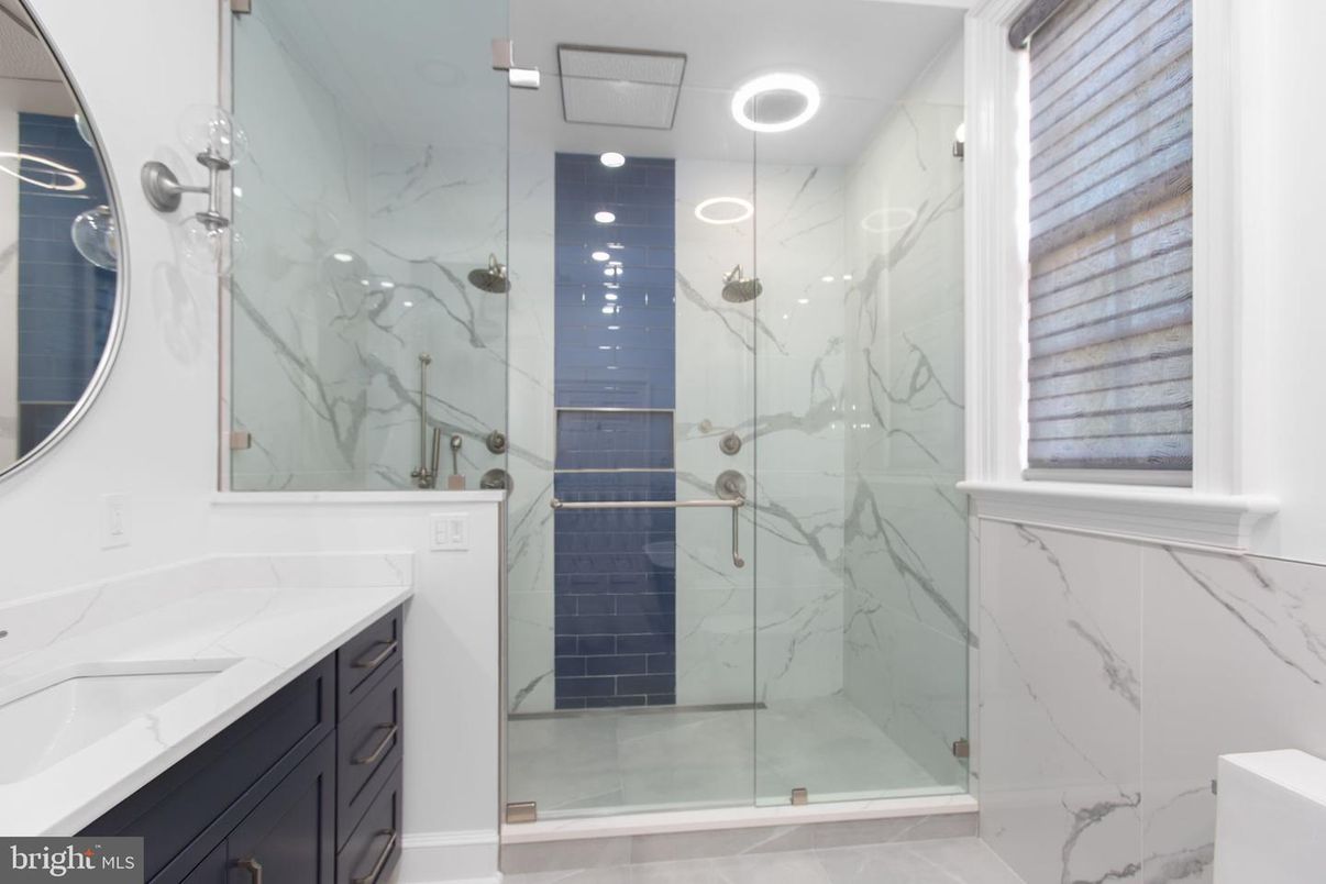 Bathroom, Glass Shower, Interior, Marble Walls, Recessed Lighting