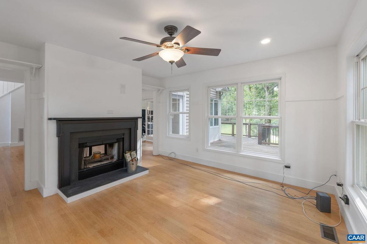 Empty room, Fireplace, Interior, Recessed Lighting, Wood Texture Flooring