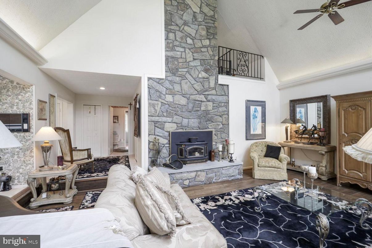 Fireplace, Interior, Living room, Recessed Lighting, Stone Walls