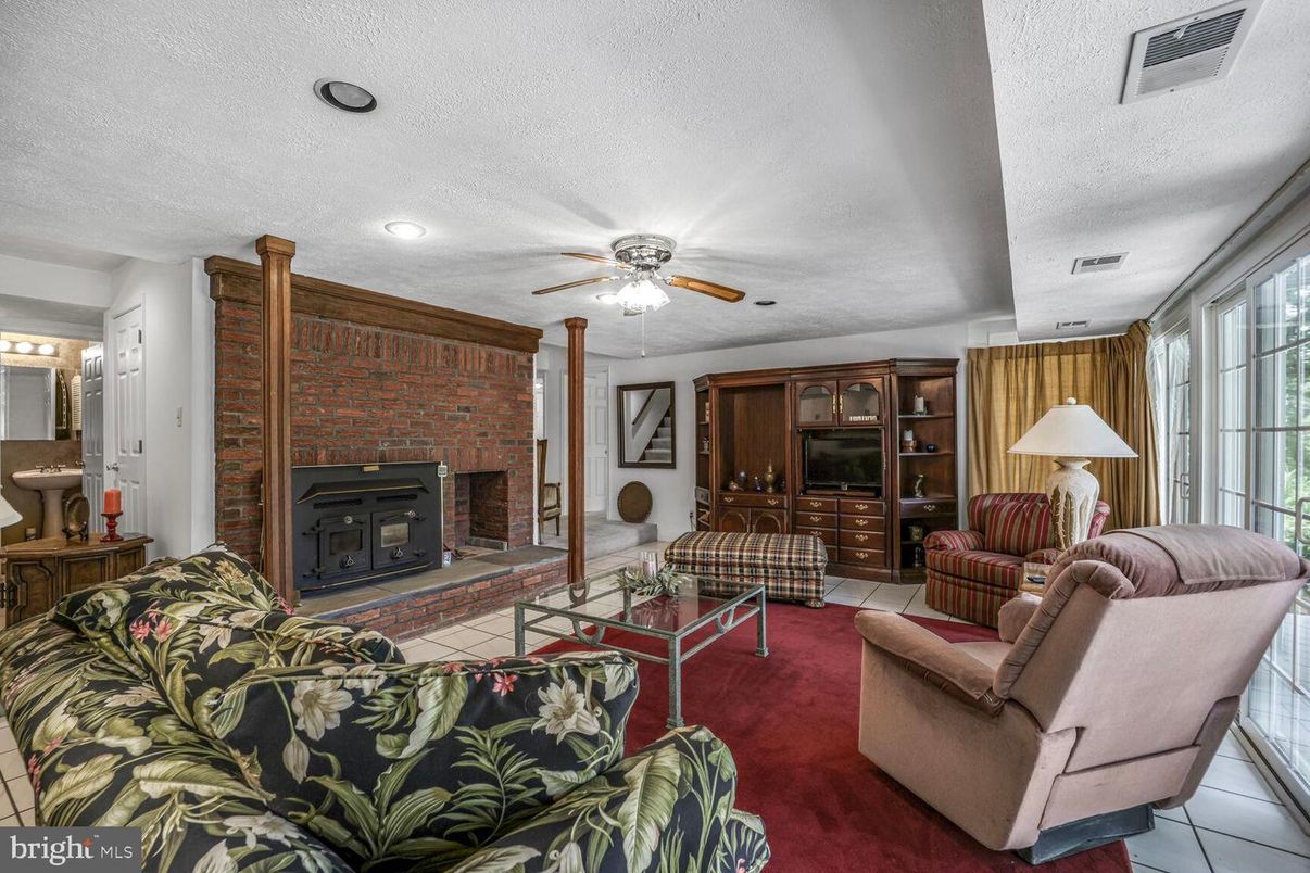 Fireplace, Interior, Living room, Recessed Lighting, Stone Walls