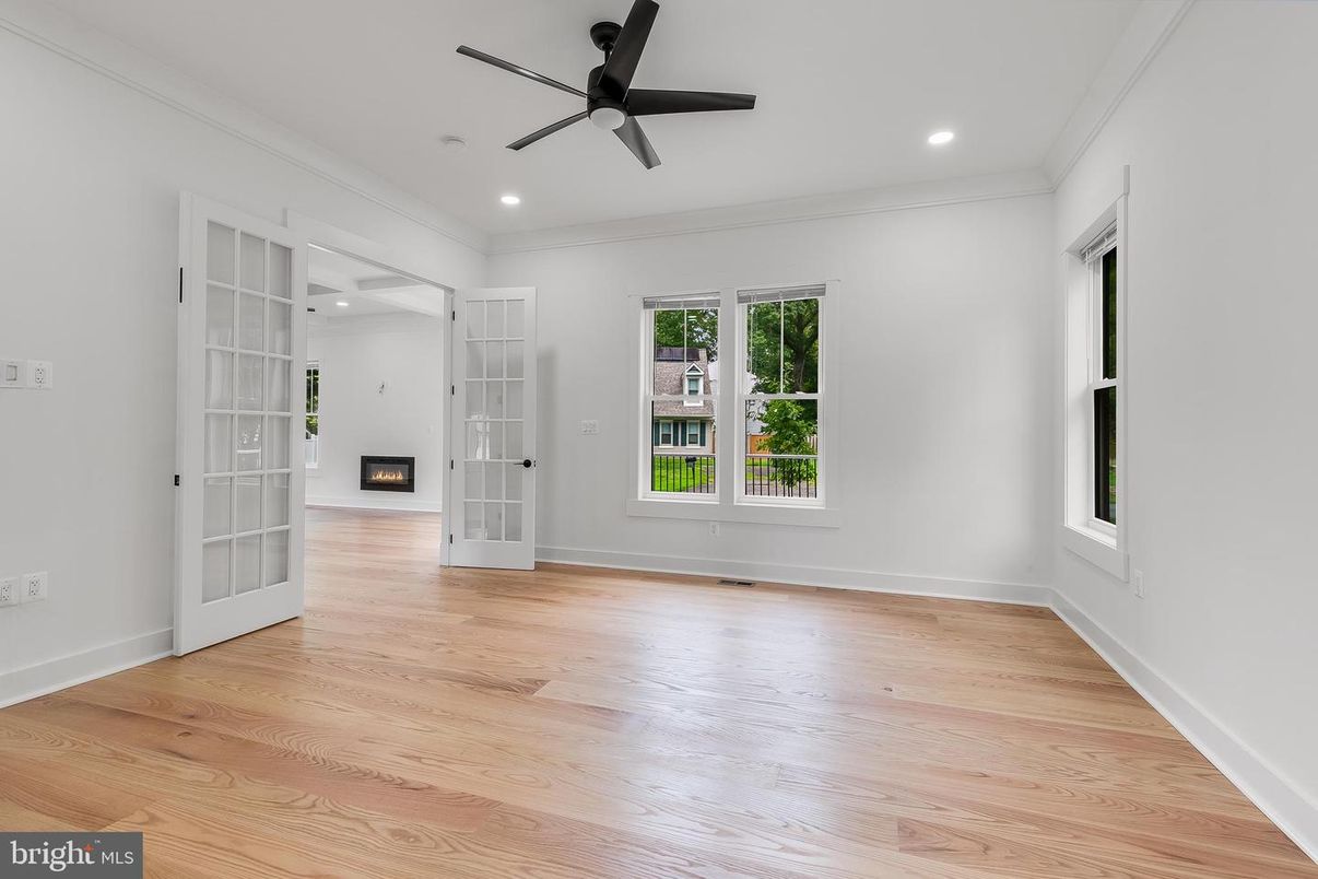 Empty room, Fireplace, Interior, Recessed Lighting, Wood Texture Flooring