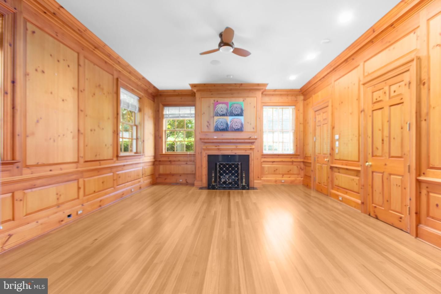 Empty room, Fireplace, Interior, Recessed Lighting, Wood Texture Flooring, Wooden Walls