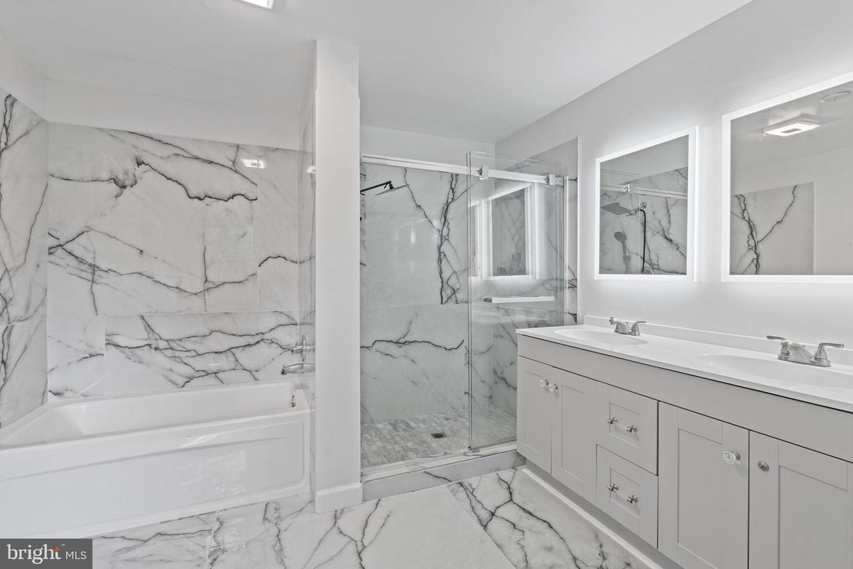 Bathroom, Dual Sink Vanities, Glass Shower, Interior, Marble, Marble Walls