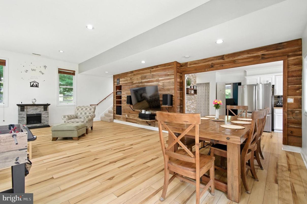 Dining room, Fireplace, Interior, Recessed Lighting, Wood Texture Flooring, Wooden Walls