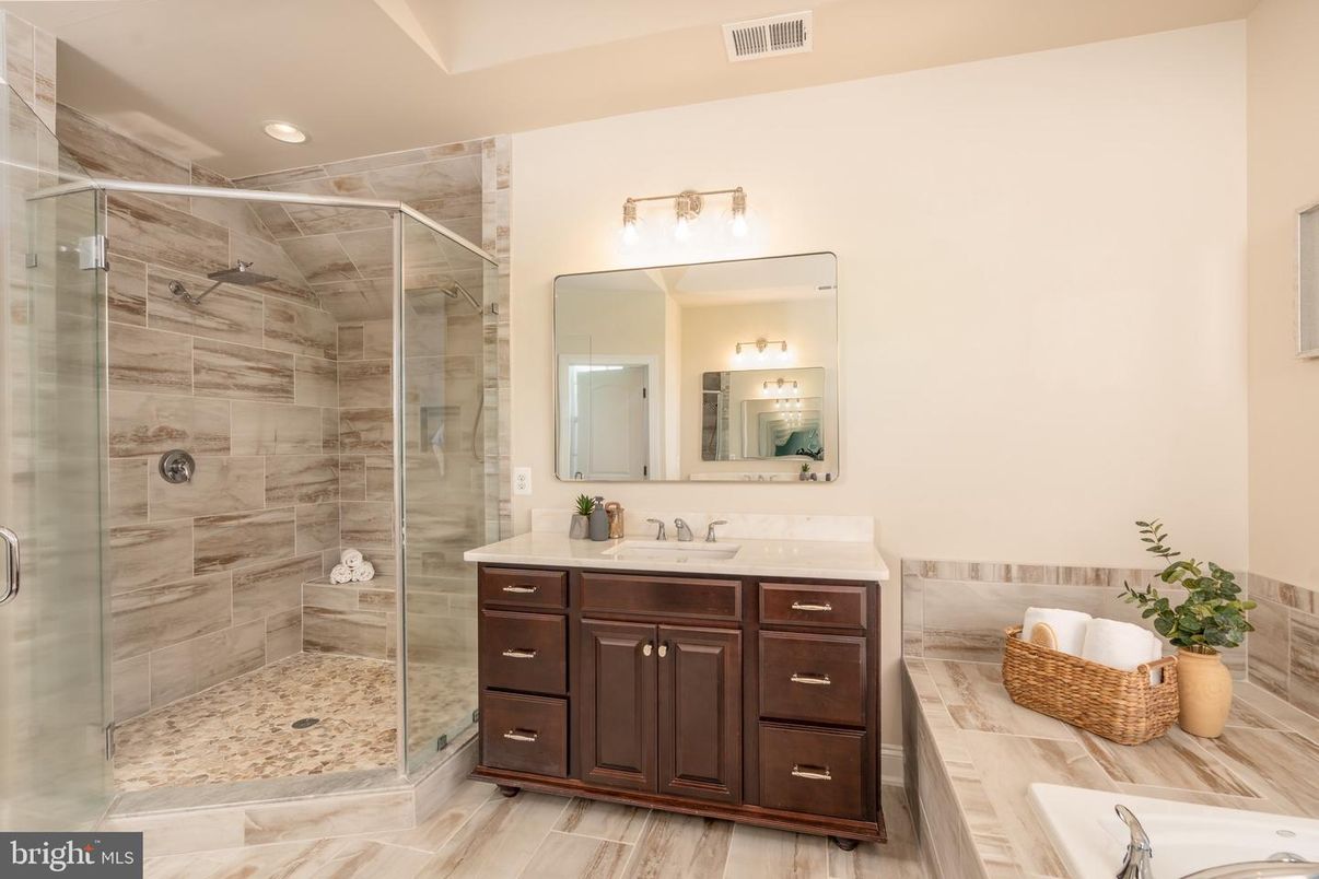 Bathroom, Glass Shower, Interior, Recessed Lighting, Wood Texture Flooring