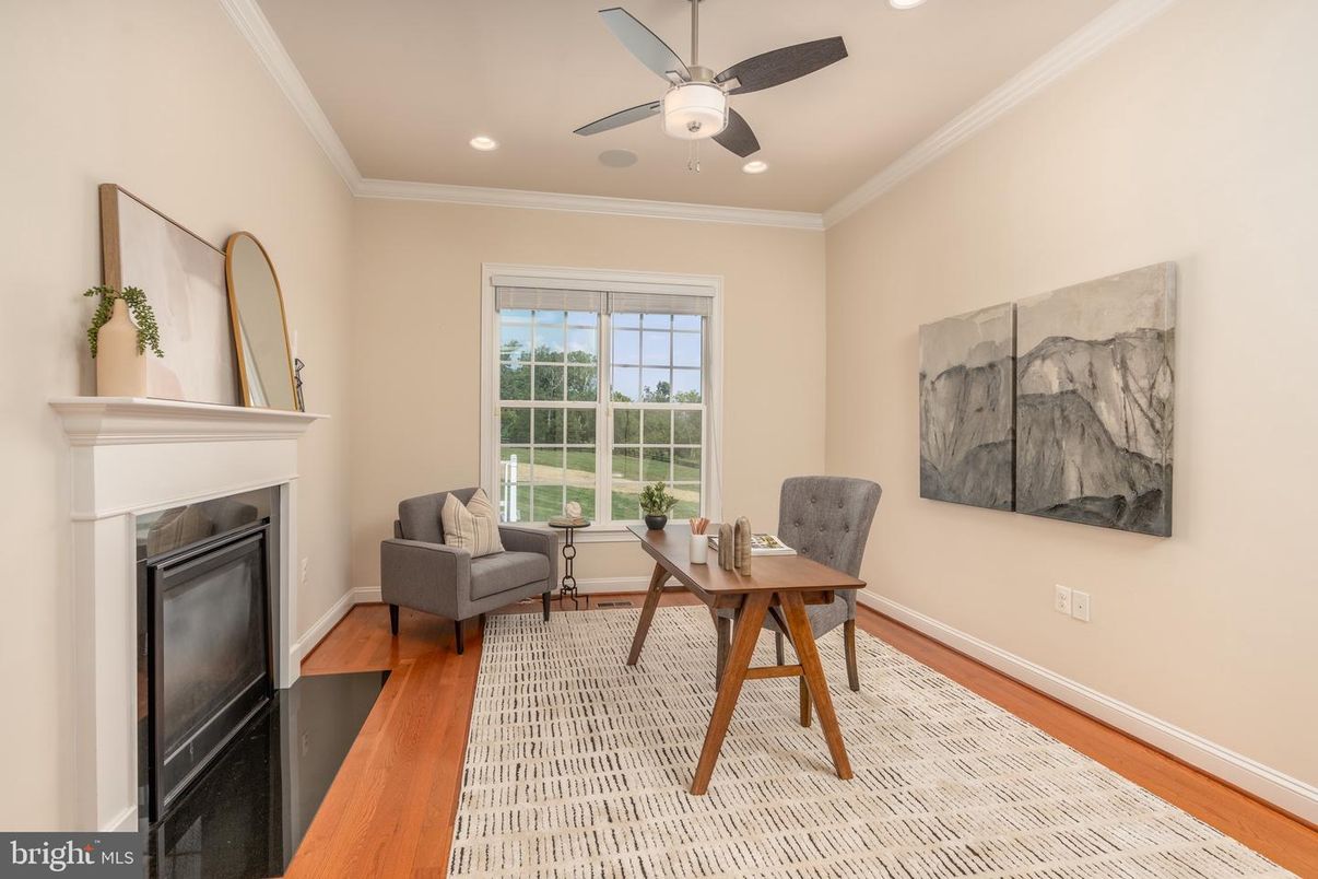 Fireplace, Home Office, Interior, Recessed Lighting, Wood Texture Flooring