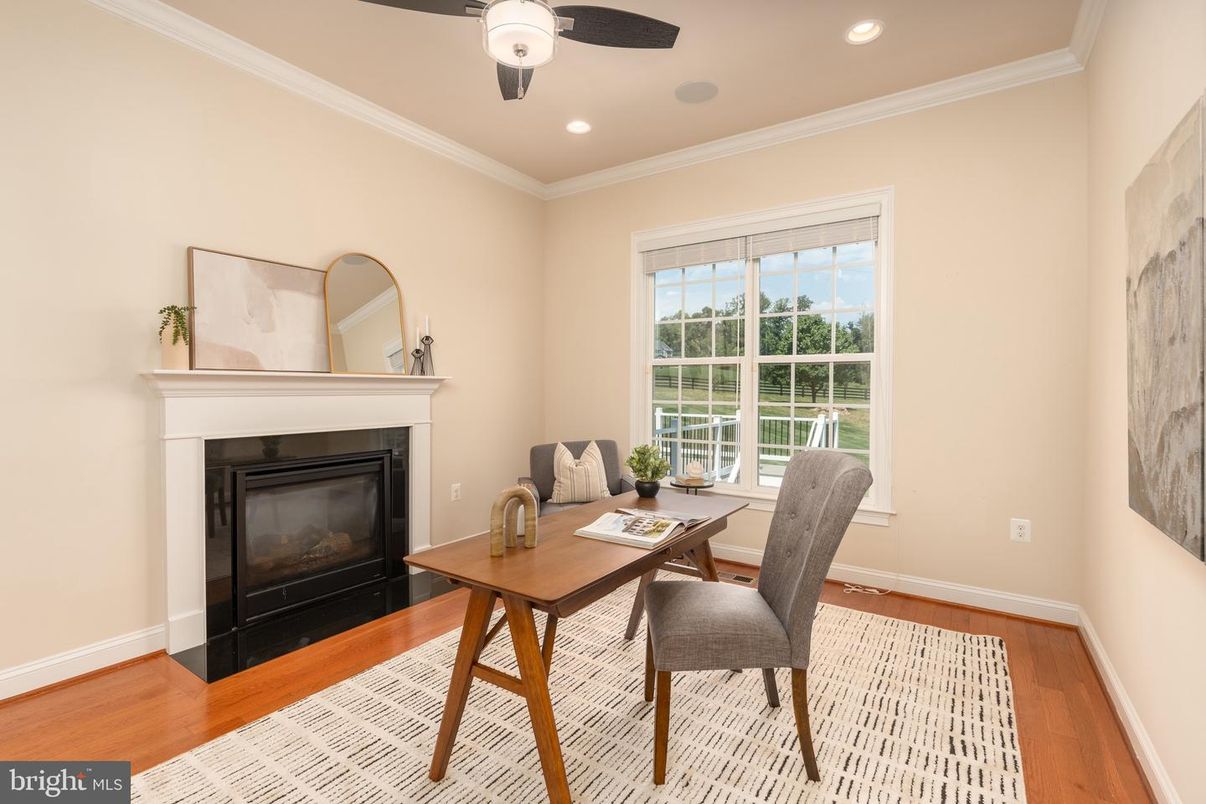 Fireplace, Home Office, Interior, Recessed Lighting, Wood Texture Flooring