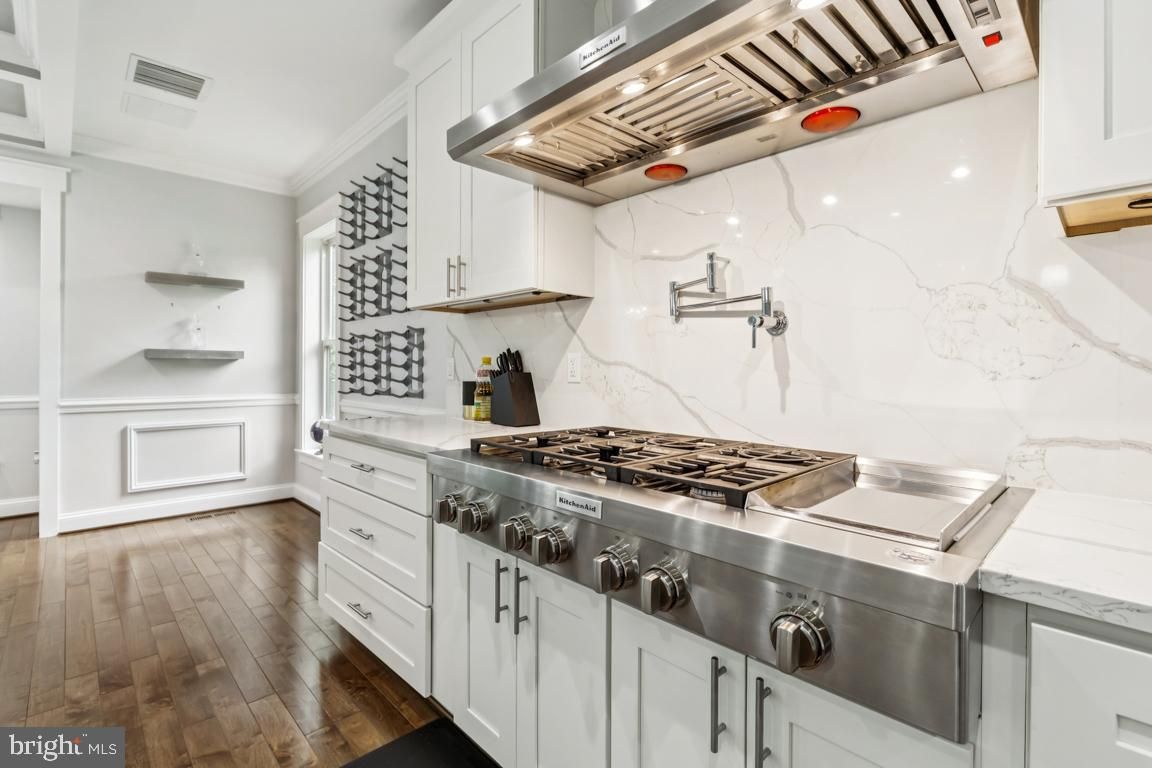 Interior, Kitchen, Marble Walls, Stainless Steel Appliances, Wood Texture Flooring