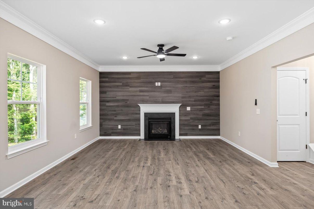Empty room, Fireplace, Interior, Recessed Lighting, Wood Texture Flooring, Wooden Walls
