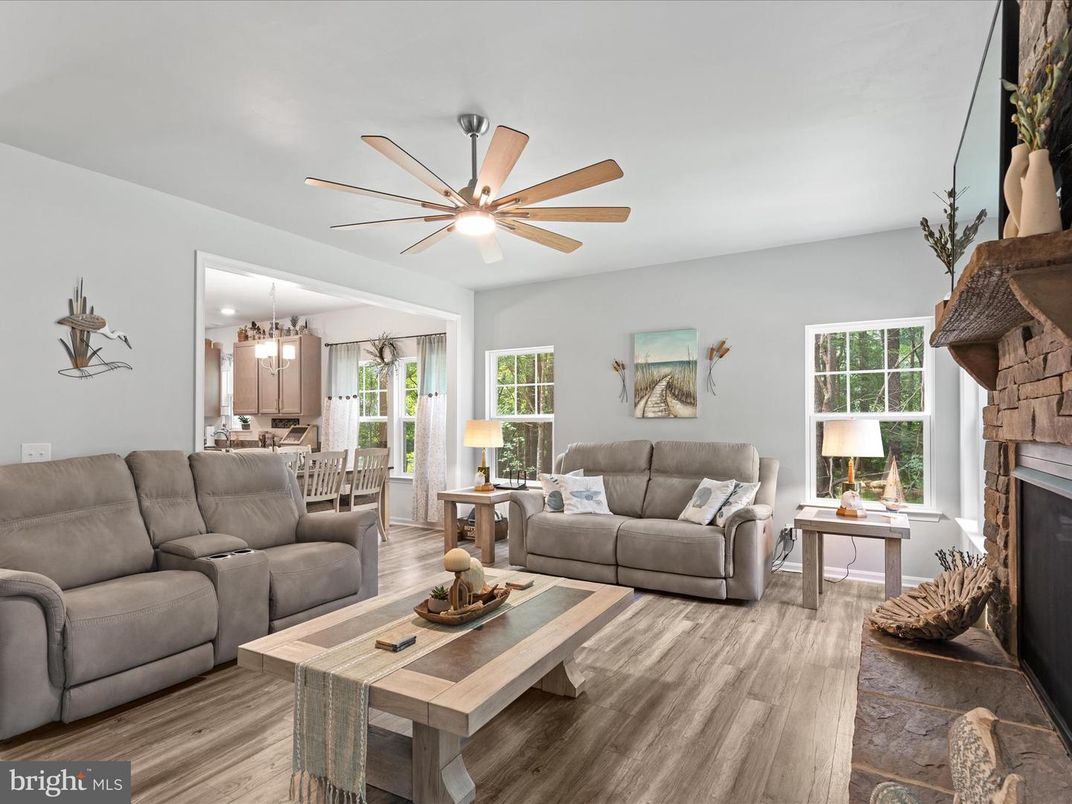 Dining room, Fireplace, Interior, Kitchen, Living room, Pendant Lights, Wood Texture Flooring