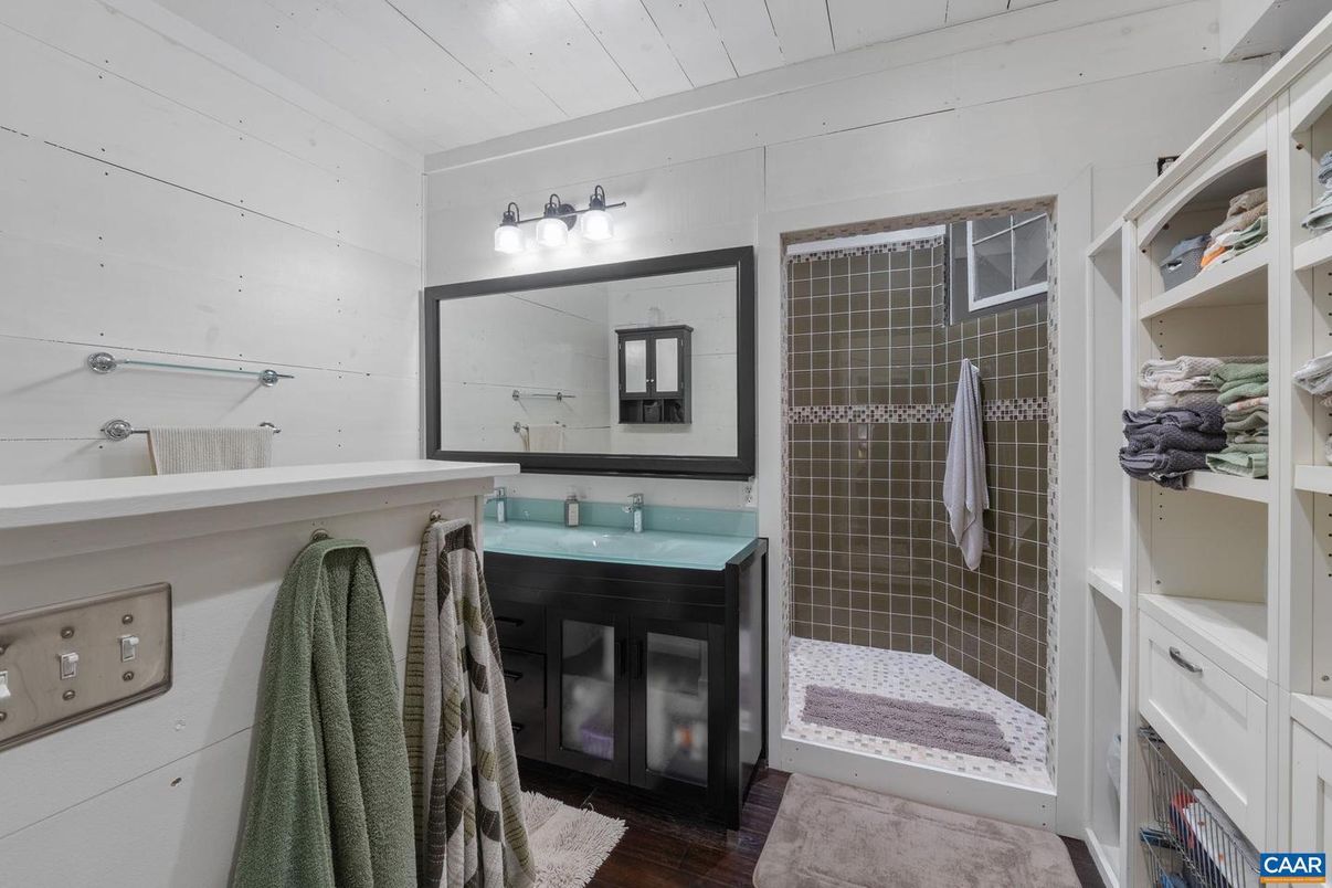 Bathroom, Glass Shower, Interior, Wood Texture Flooring