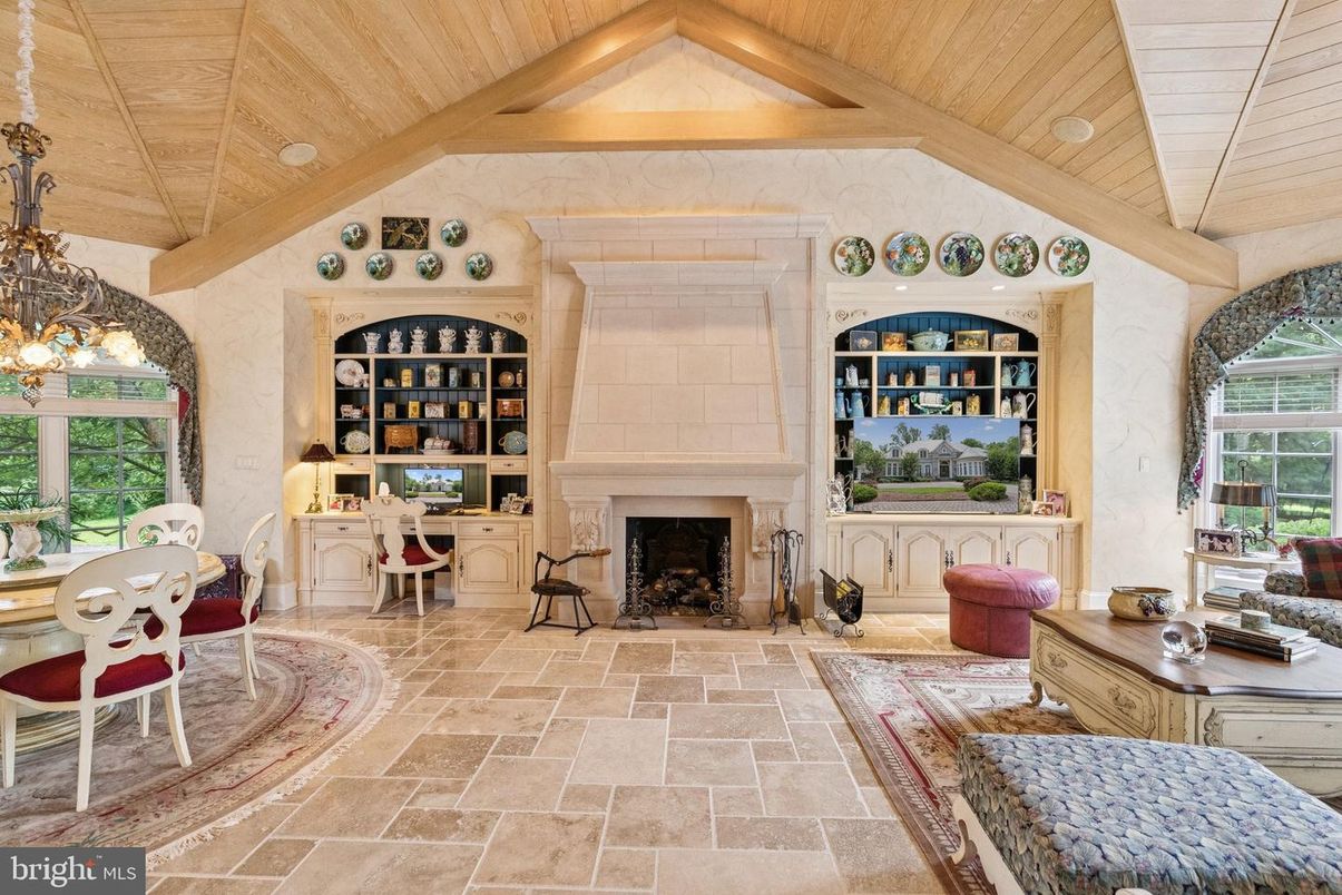 Chandelier, Fireplace, Interior, Recessed Lighting, Wooden Beams, Wooden Ceilings