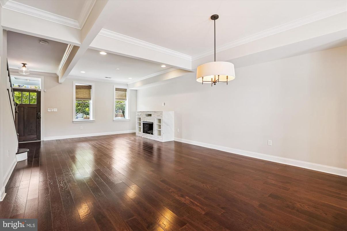 Empty room, Fireplace, Interior, Pendant Lights, Recessed Lighting, Wood Texture Flooring
