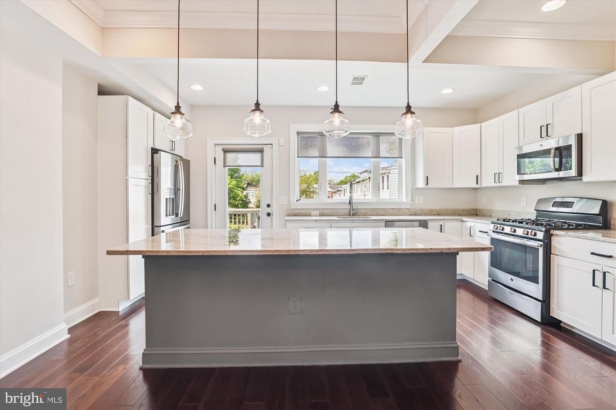 Interior, Kitchen, Pendant Lights, Recessed Lighting, Stainless Steel Appliances, Wood Texture Flooring