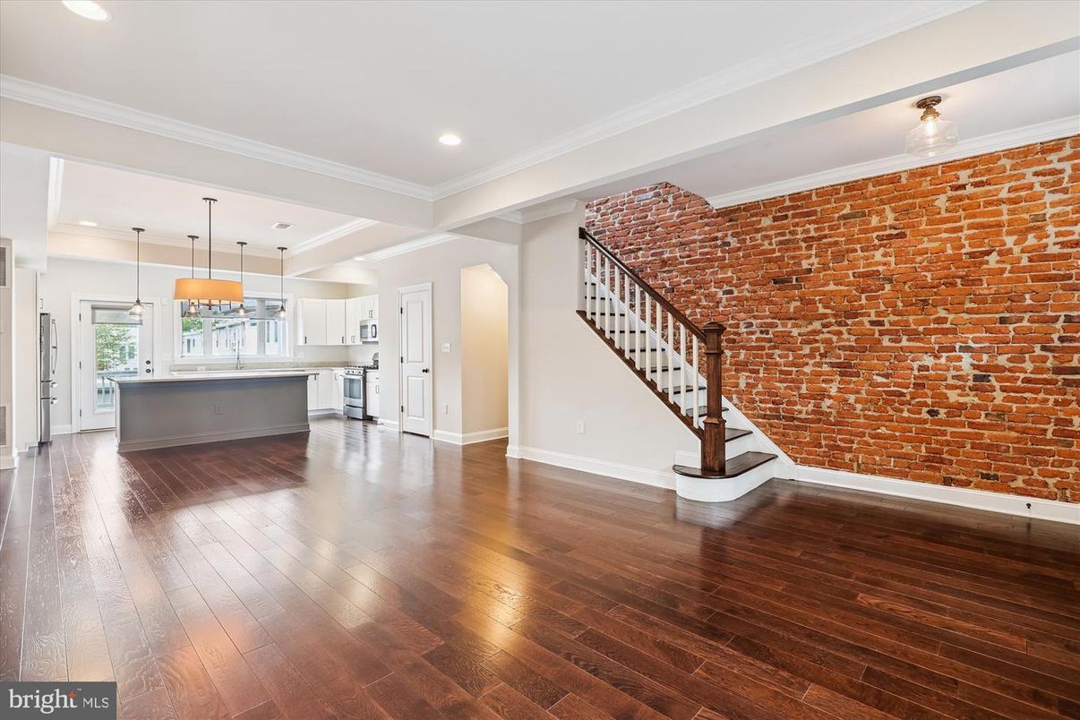Interior, Kitchen, Pendant Lights, Recessed Lighting, Stone Walls, Wood Texture Flooring