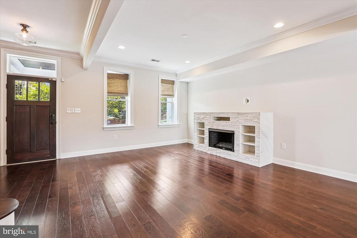 Empty room, Fireplace, Interior, Recessed Lighting, Wood Texture Flooring