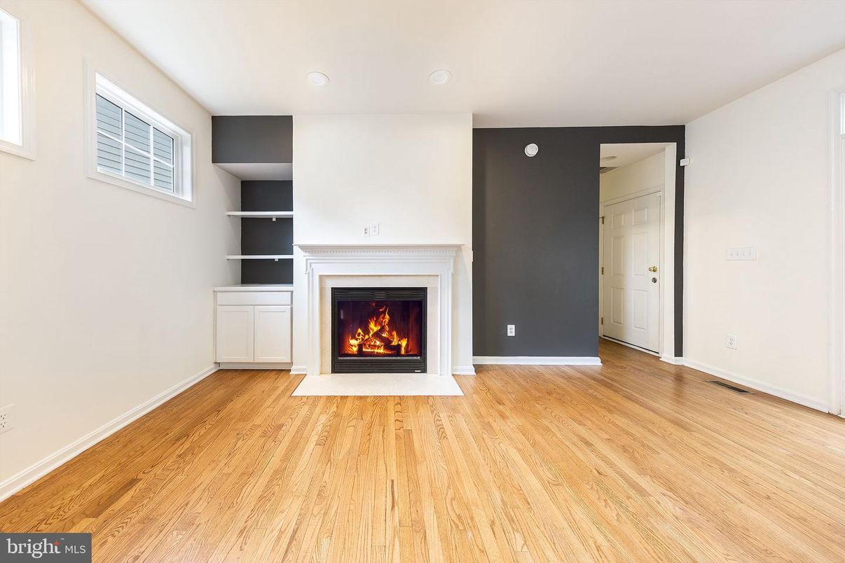 Empty room, Fireplace, Interior, Recessed Lighting, Wood Texture Flooring