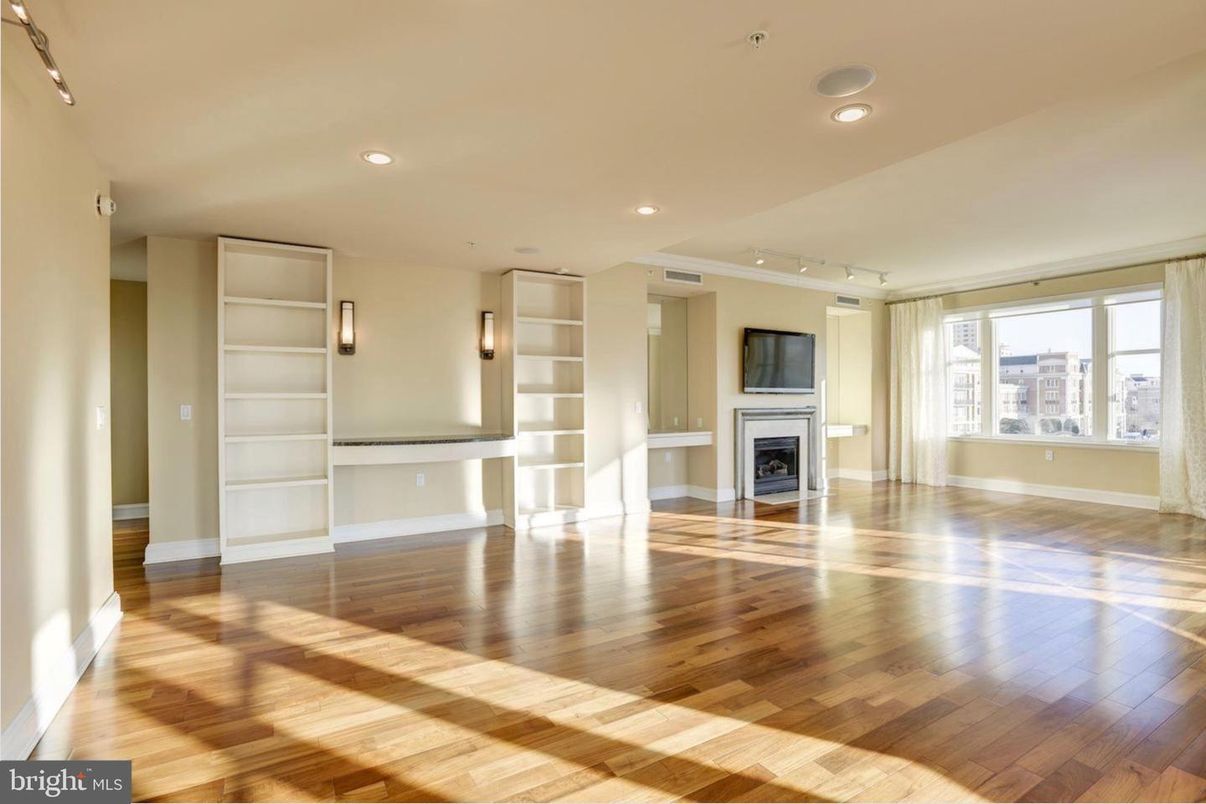 Empty room, Fireplace, Interior, Recessed Lighting, Wood Texture Flooring