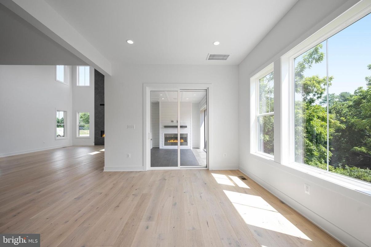 Empty room, Fireplace, Interior, Recessed Lighting, Wood Texture Flooring