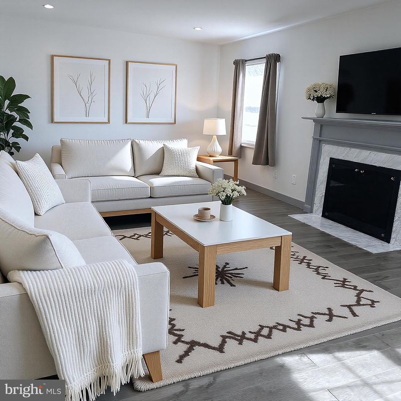 Fireplace, Interior, Living room, Recessed Lighting, Wood Texture Flooring