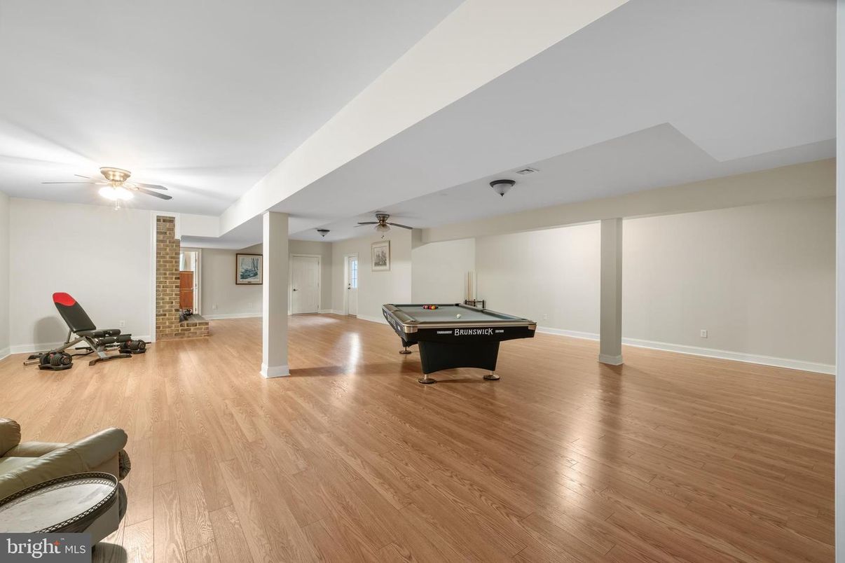 Billiard Table, Game Room, Interior, Stone Walls, Wood Texture Flooring