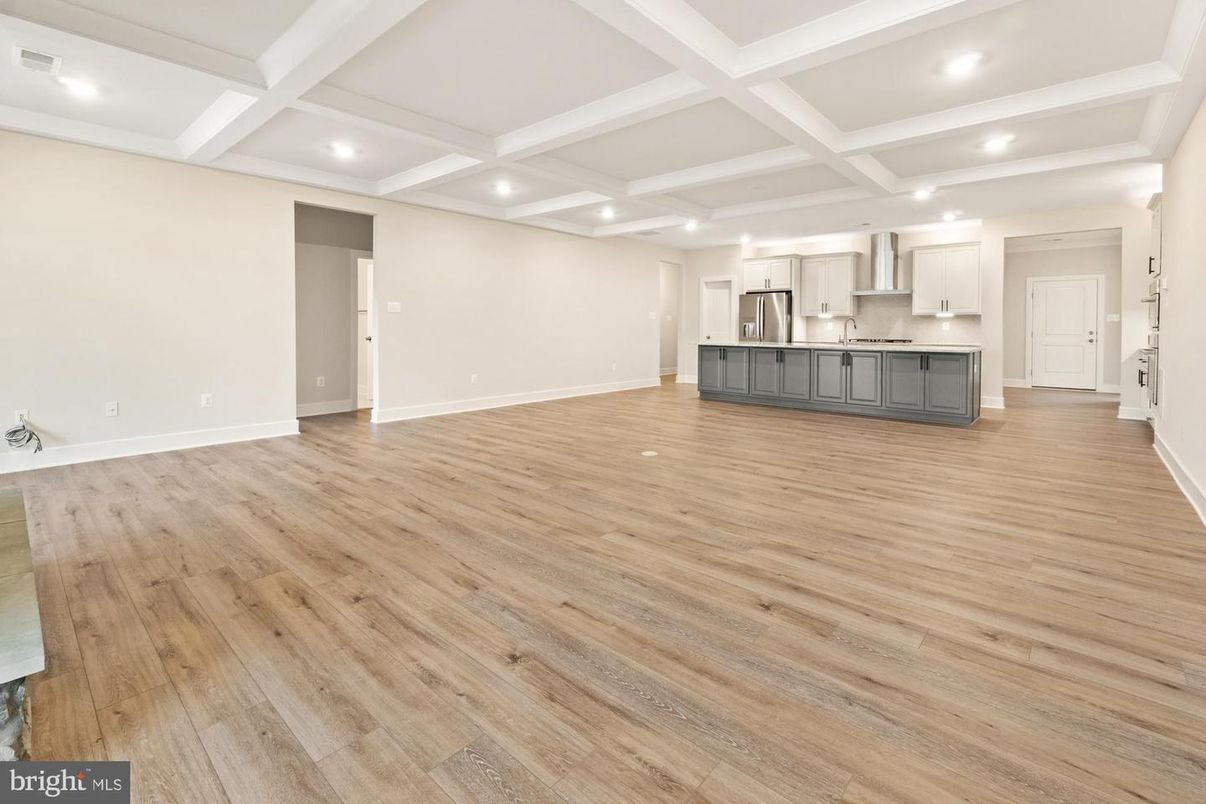 Empty room, Interior, Kitchen, Recessed Lighting, Wood Texture Flooring