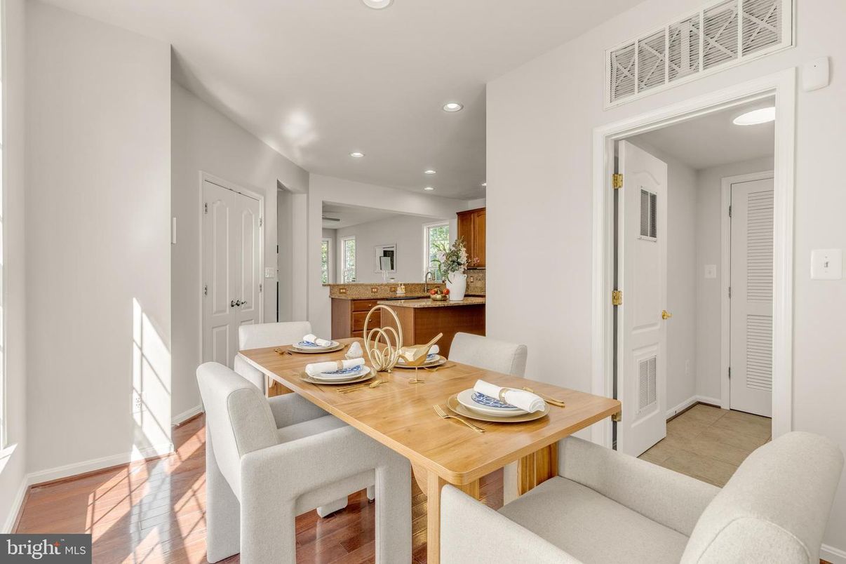Dining room, Interior, Recessed Lighting, Wood Texture Flooring