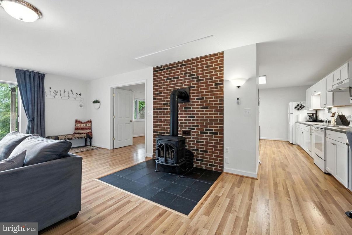 Fireplace, Interior, Kitchen, Stone Walls, Wood Texture Flooring