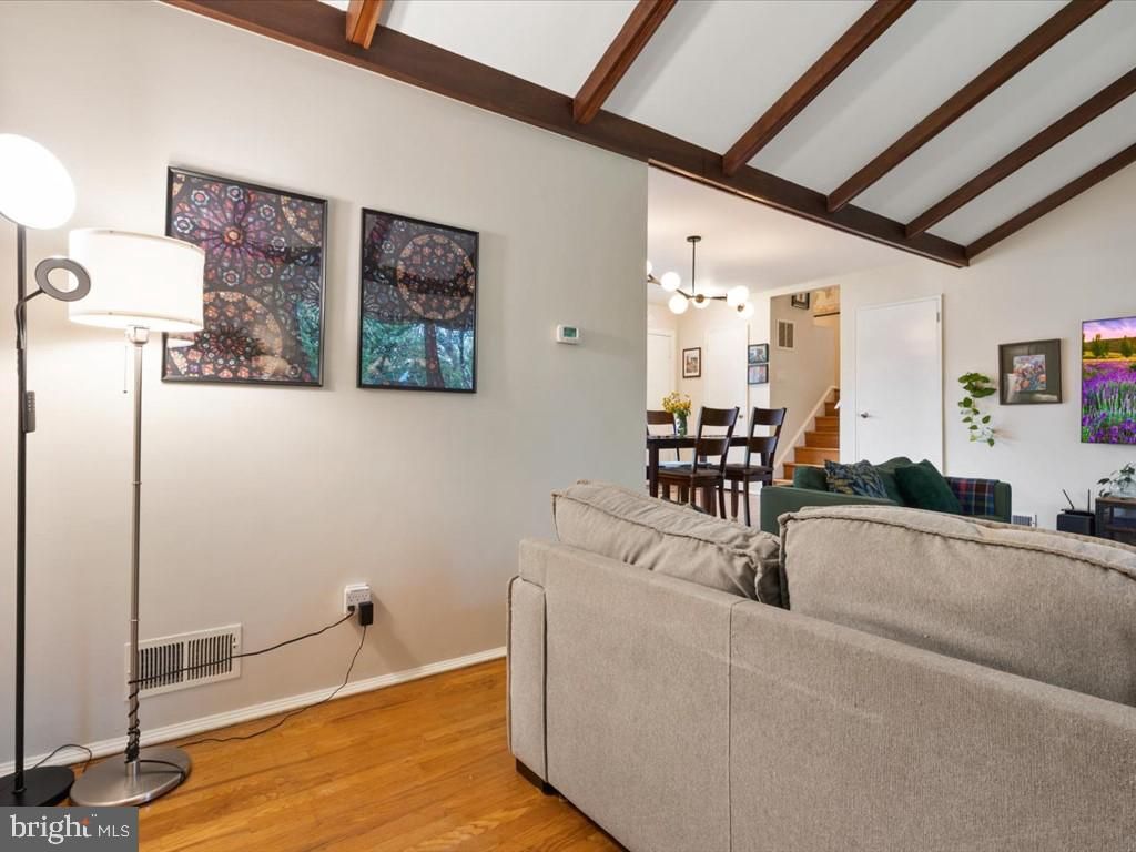 Dining room, Interior, Living room, Pendant Lights, Wooden Beams, Wood Texture Flooring