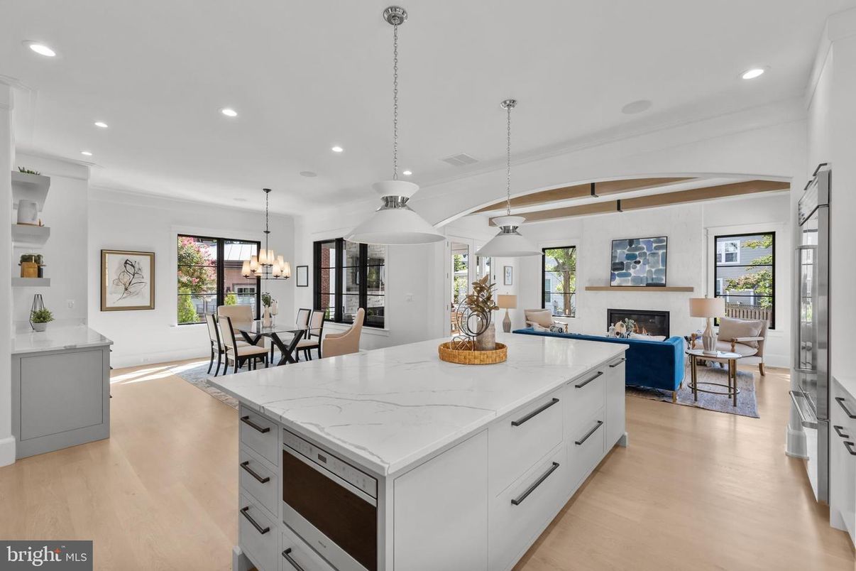 Chandelier, Dining room, Fireplace, Interior, Kitchen, Living room, Pendant Lights, Recessed Lighting, Wood Texture Flooring