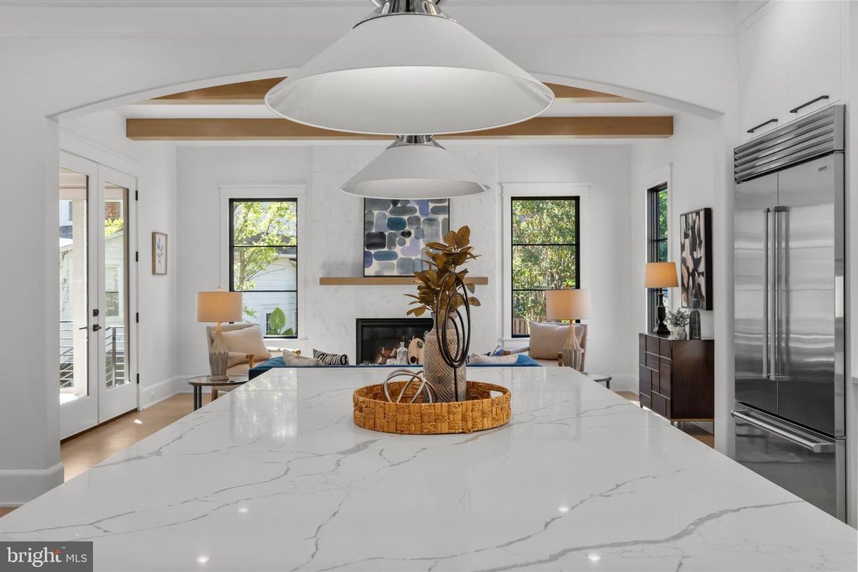 Fireplace, Interior, Kitchen, Pendant Lights, Stainless Steel Appliances