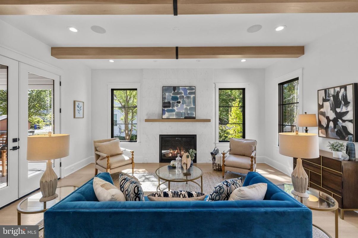 Fireplace, Interior, Living room, Recessed Lighting, Wooden Beams, Wood Texture Flooring