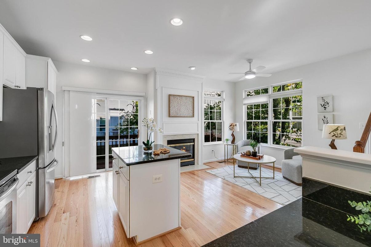 Fireplace, Interior, Kitchen, Living room, Recessed Lighting, Wood Texture Flooring