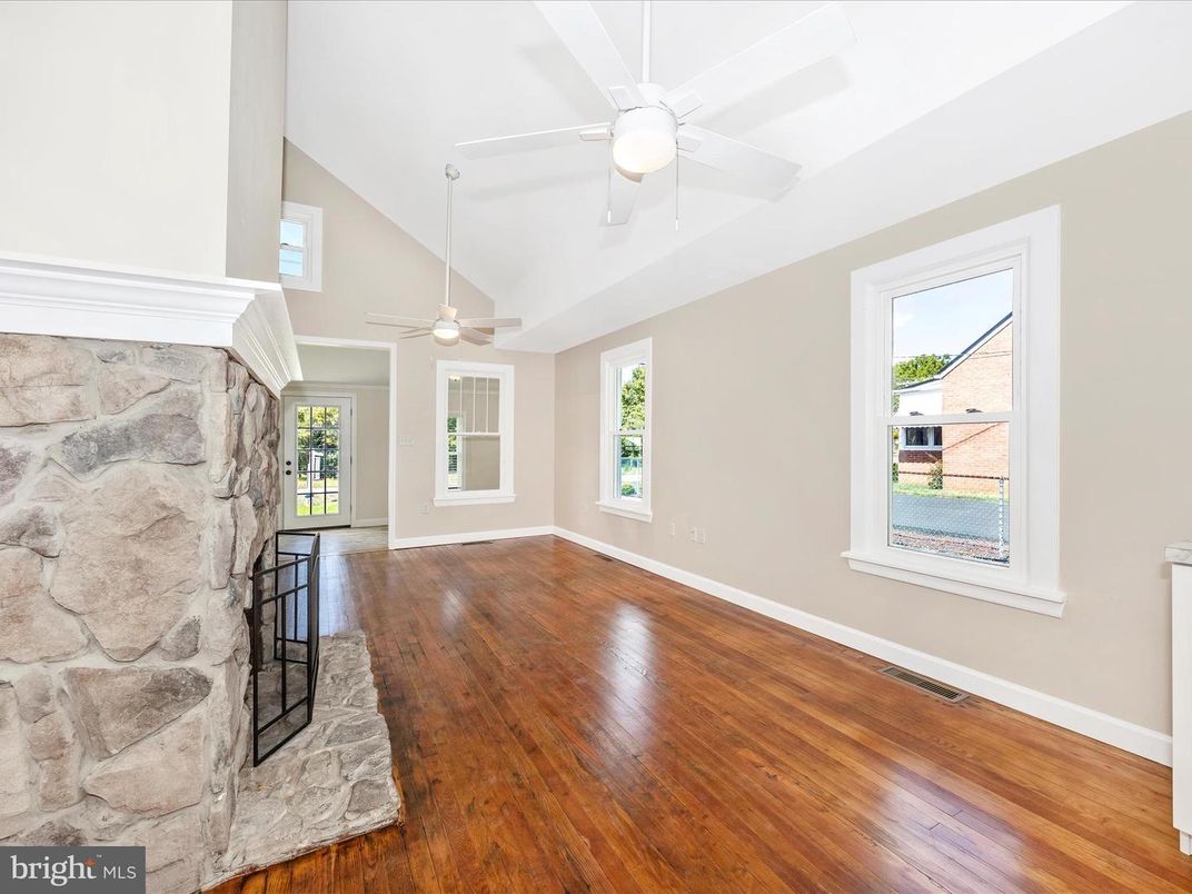 Empty room, Fireplace, Interior, Stone Walls, Wood Texture Flooring