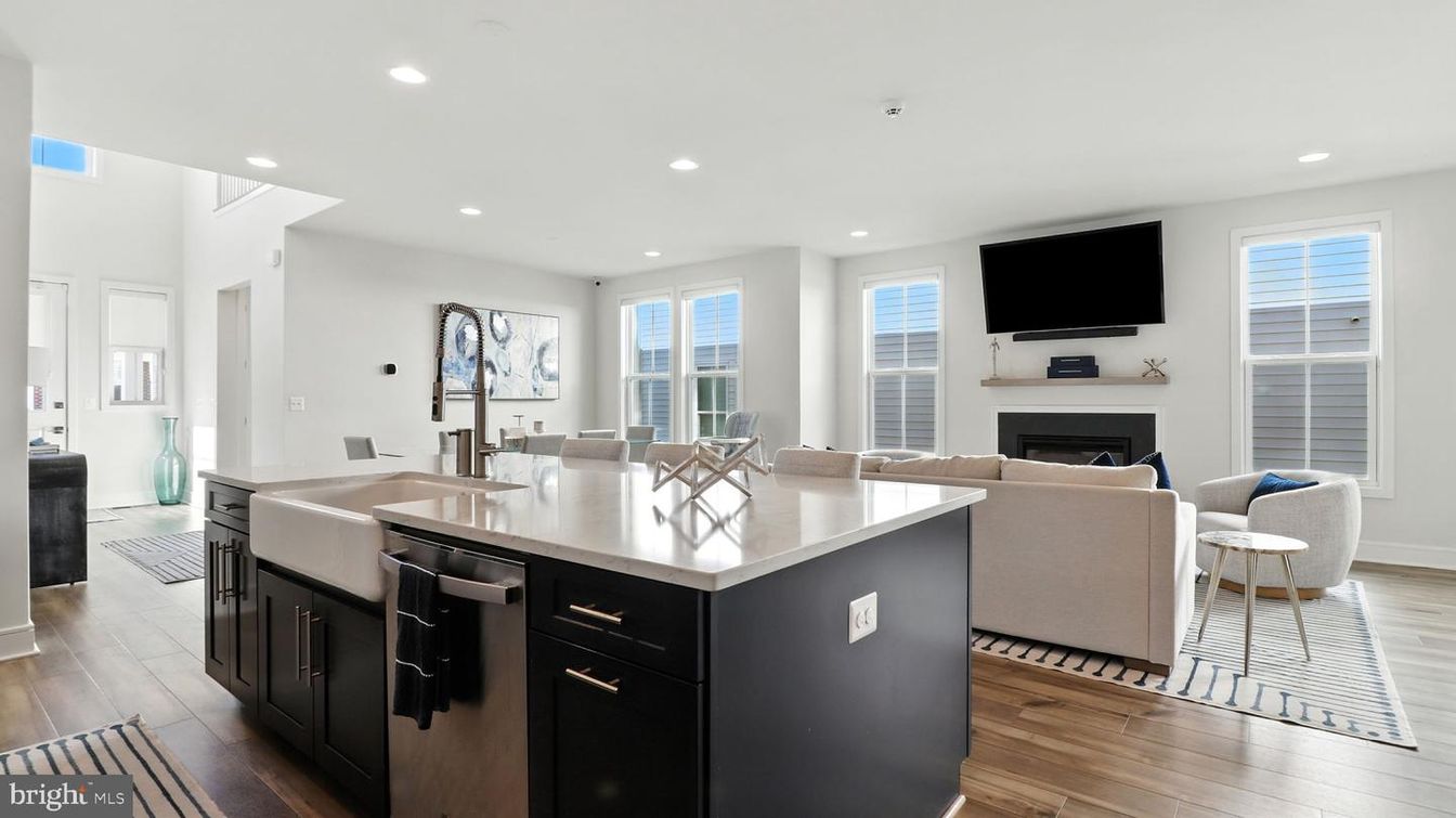 Dining room, Fireplace, Interior, Kitchen, Living room, Recessed Lighting, Wood Texture Flooring