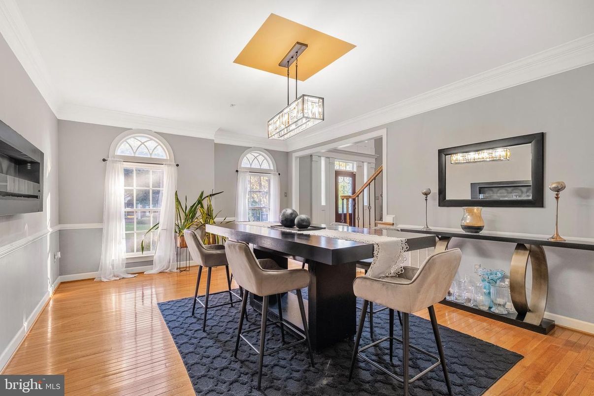 Dining room, Interior, Pendant Lights, Wood Texture Flooring
