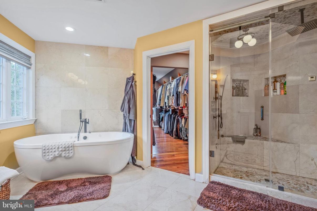 Bathroom, Free Standing Baths, Glass Shower, Interior, Recessed Lighting, Walk-in Closets, Wood Texture Flooring