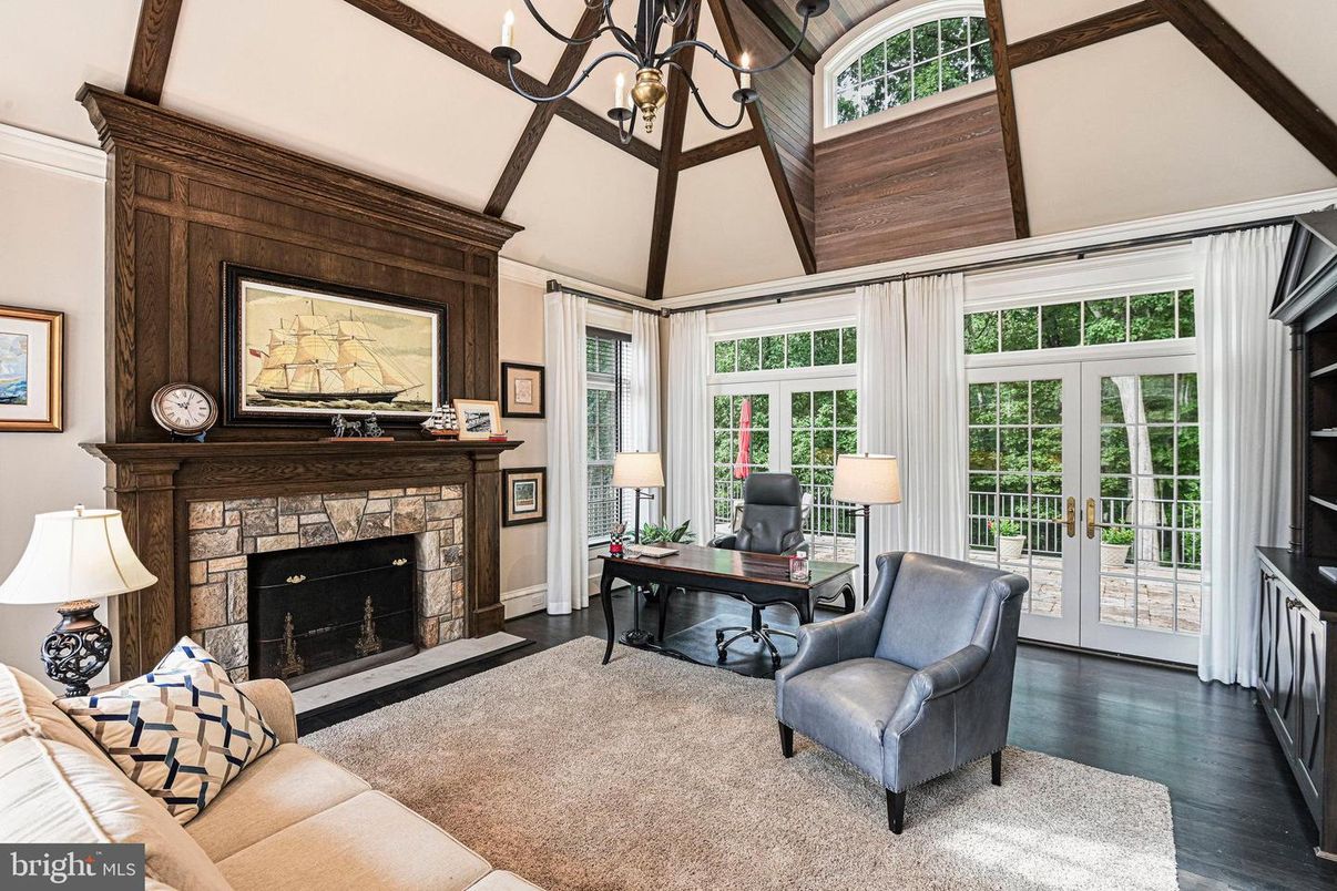 Chandelier, Fireplace, Home Office, Interior, Wood Texture Flooring