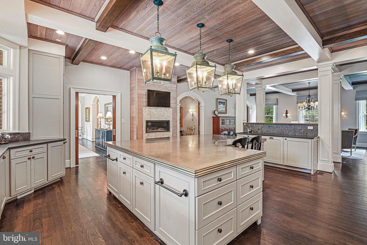 Chandelier, Fireplace, Interior, Kitchen, Pendant Lights, Recessed Lighting, Wooden Beams, Wooden Ceilings, Wood Texture Flooring