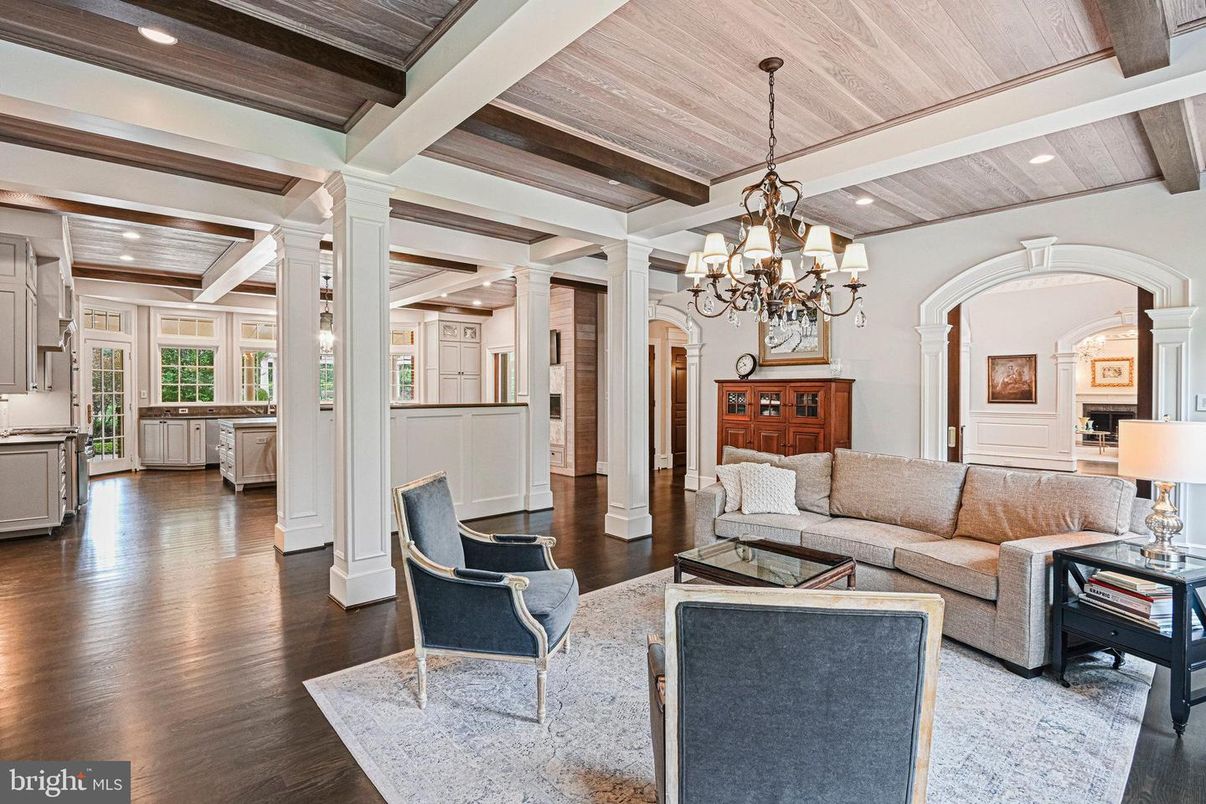 Chandelier, Interior, Living room, Recessed Lighting, Wooden Beams, Wooden Ceilings, Wood Texture Flooring