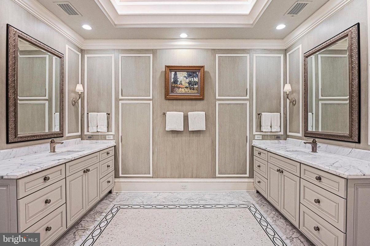 Bathroom, Dual Sink Vanities, Interior, Marble, Recessed Lighting