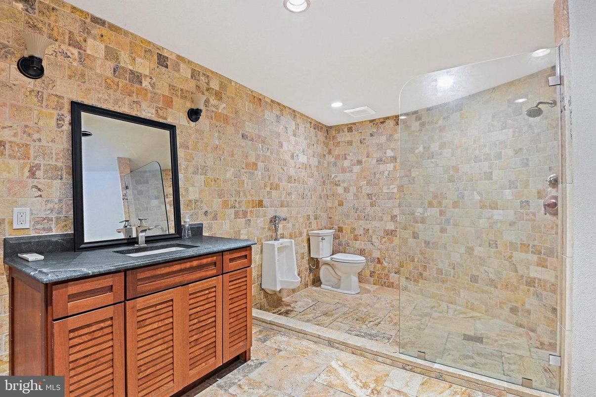 Bathroom, Glass Shower, Interior, Recessed Lighting, Stone Walls