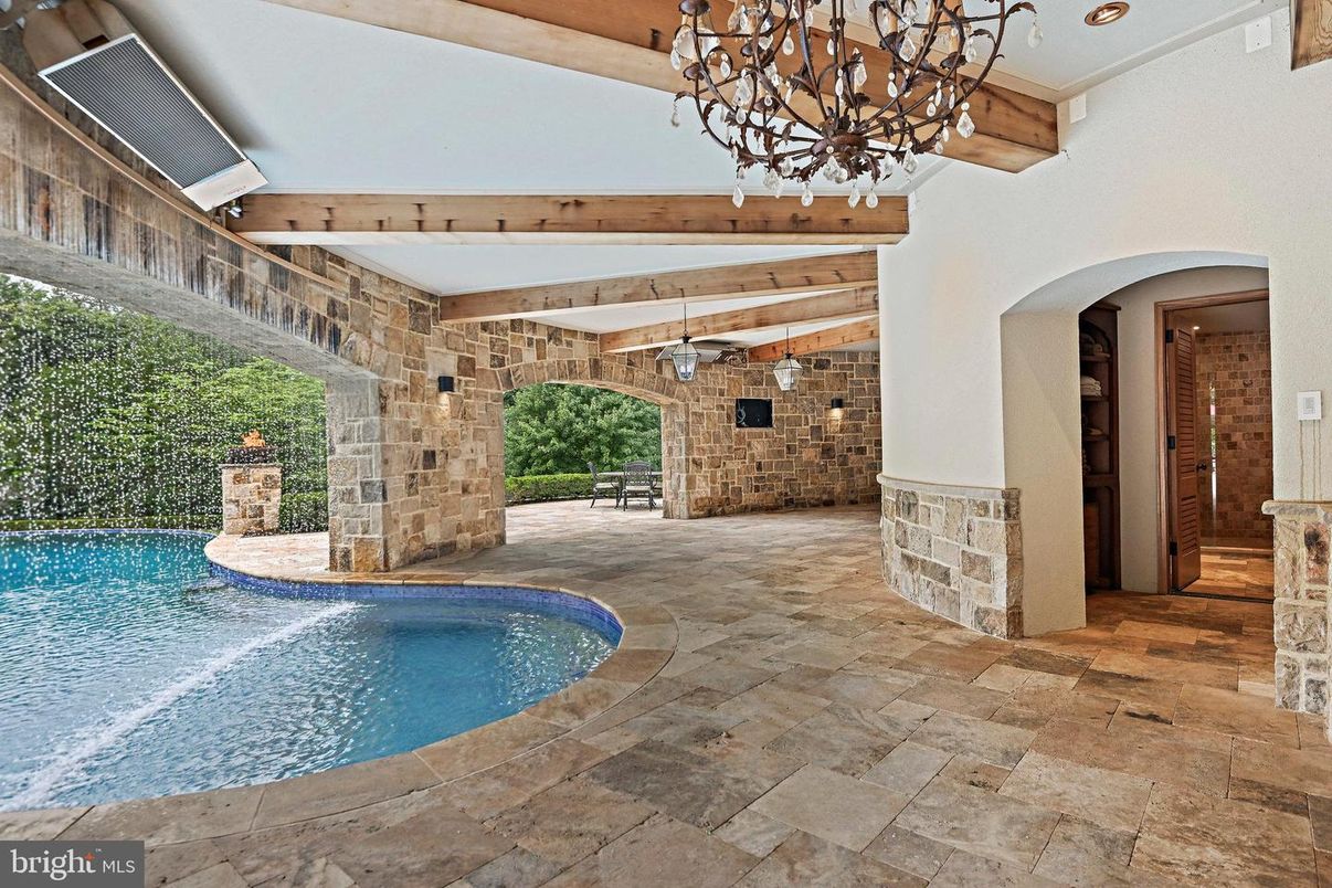 Chandelier, Exterior, Pool, Stone Walls