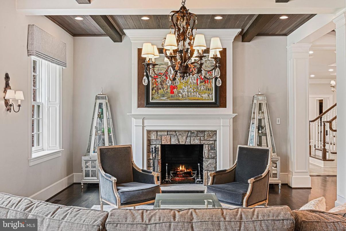Chandelier, Fireplace, Interior, Living room, Recessed Lighting, Wooden Beams, Wooden Ceilings, Wood Texture Flooring