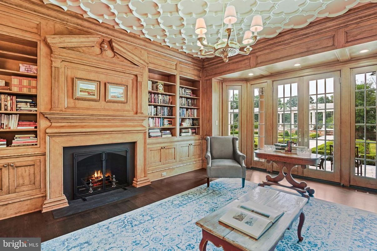 Chandelier, Fireplace, Interior, Recessed Lighting, Wood Texture Flooring, Wooden Walls